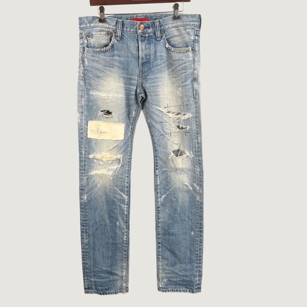 Red Card Distressed Repair Patchwork Jeans Mens 32x35‎ Button Fly Japanese Denim
